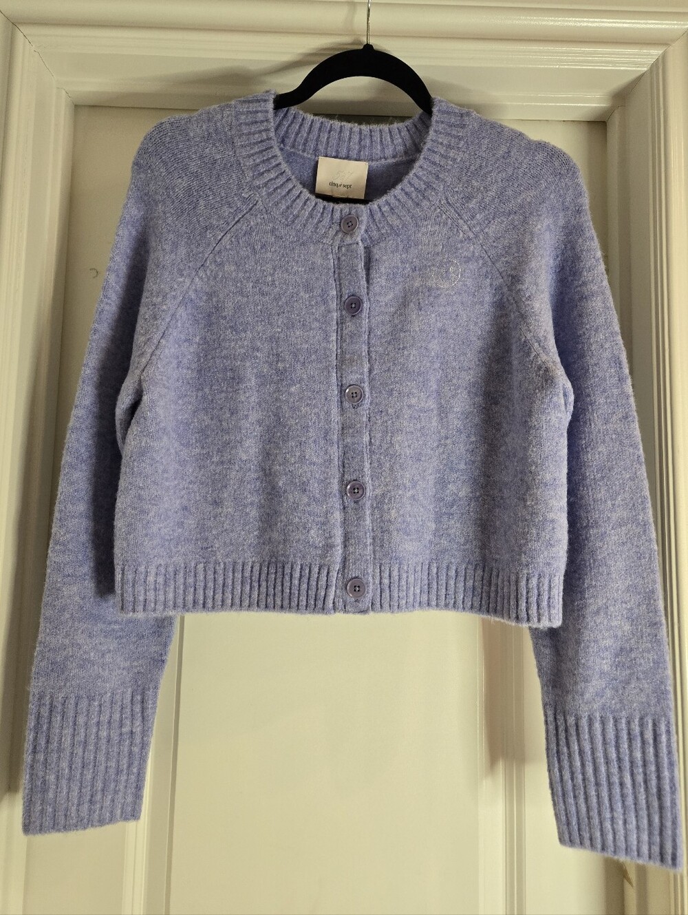 Cinq à Sept Rhinestone Smiley Millie Cardigan Sweater - Purple/Lavender  Medium